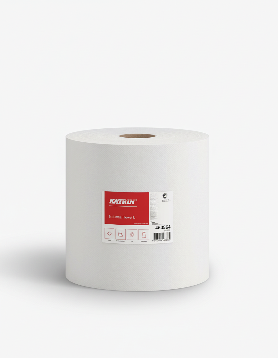 Aftørringsrulle Industri Katrin Plus 1-lag Ø38.5cm B23cmxL1230m Nyfiber Hvid,1 rl