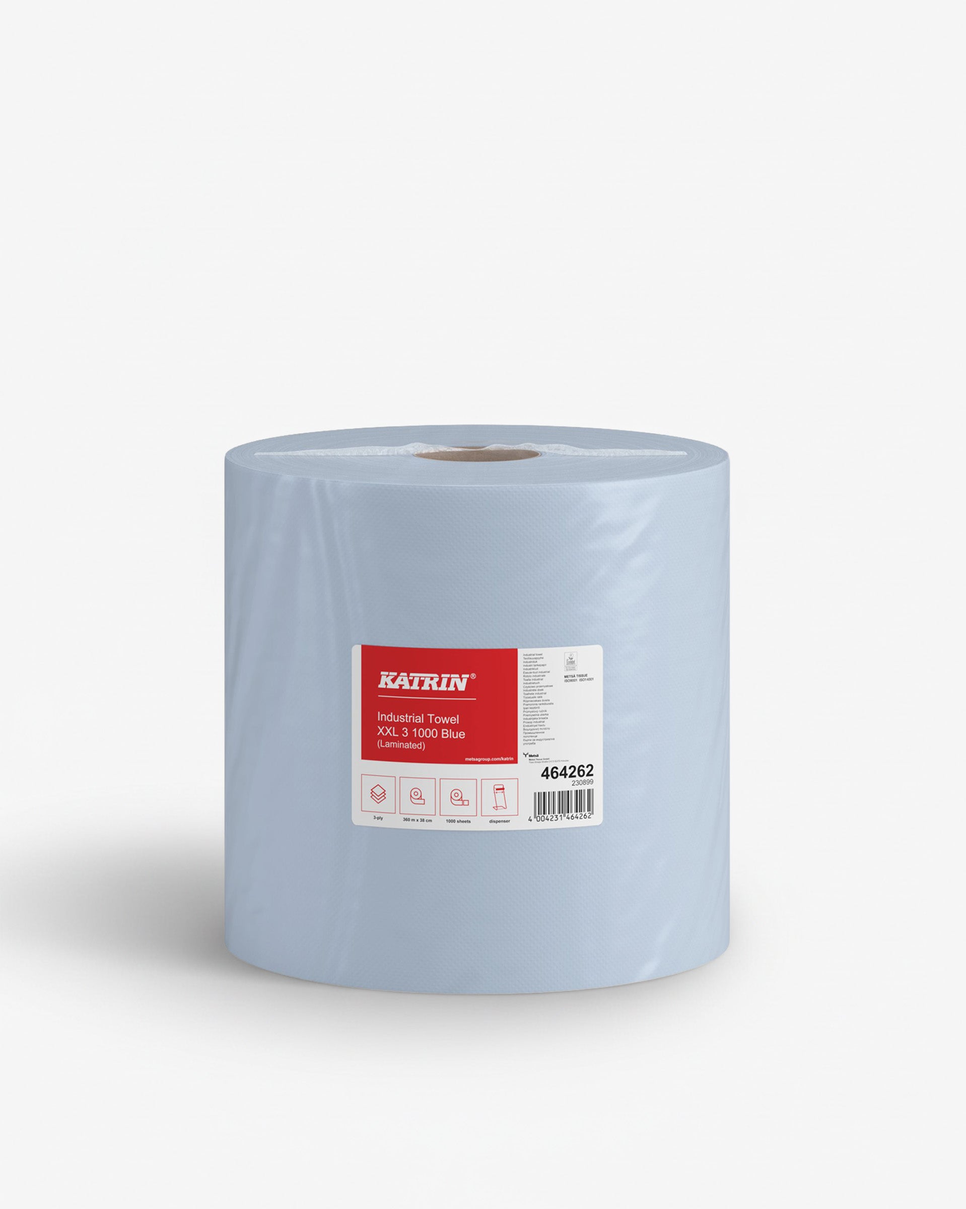 Aftørringsrulle Industri Katrin Classic 3-lag Ø38cm B38xL360m Mix Blå,1 rl