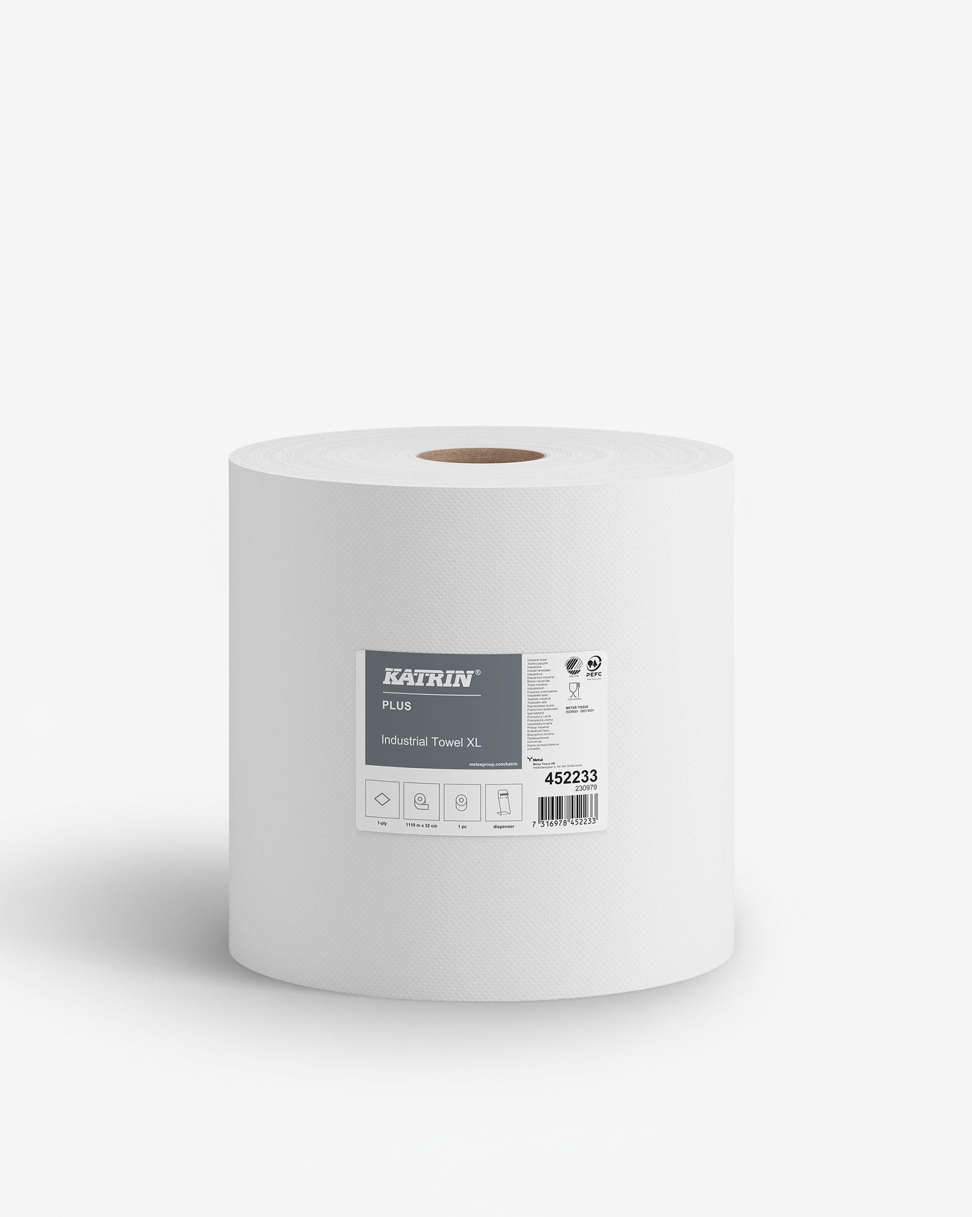 Aftørringsrulle Industri Katrin Plus 1-lag Ø37cm B32cmxL1110m Nyfiber Hvid,1 Rl