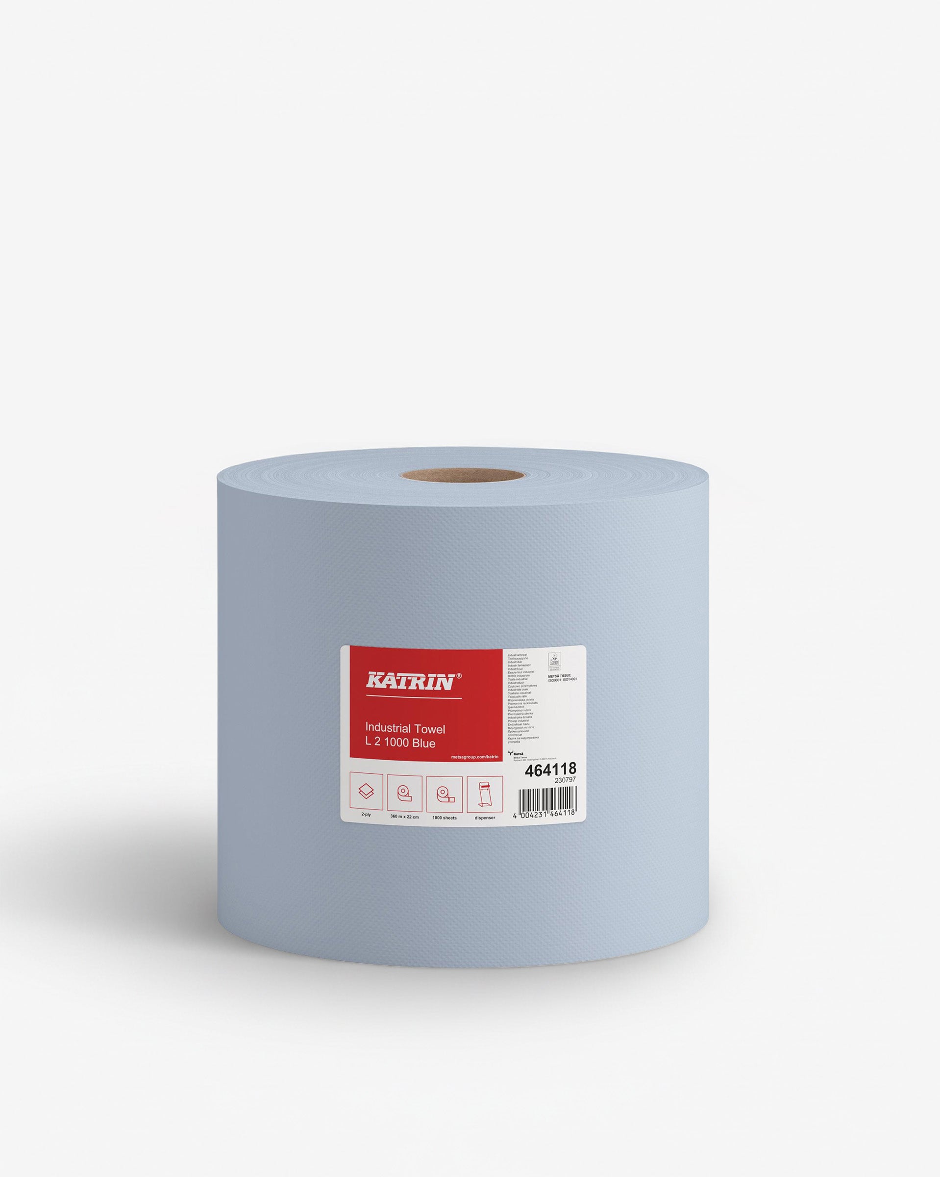 Aftørringsrulle Industri Katrin 2-lag Ø29cm B22cmxL360m Genbrug Blå,2 rl x 360 m/krt