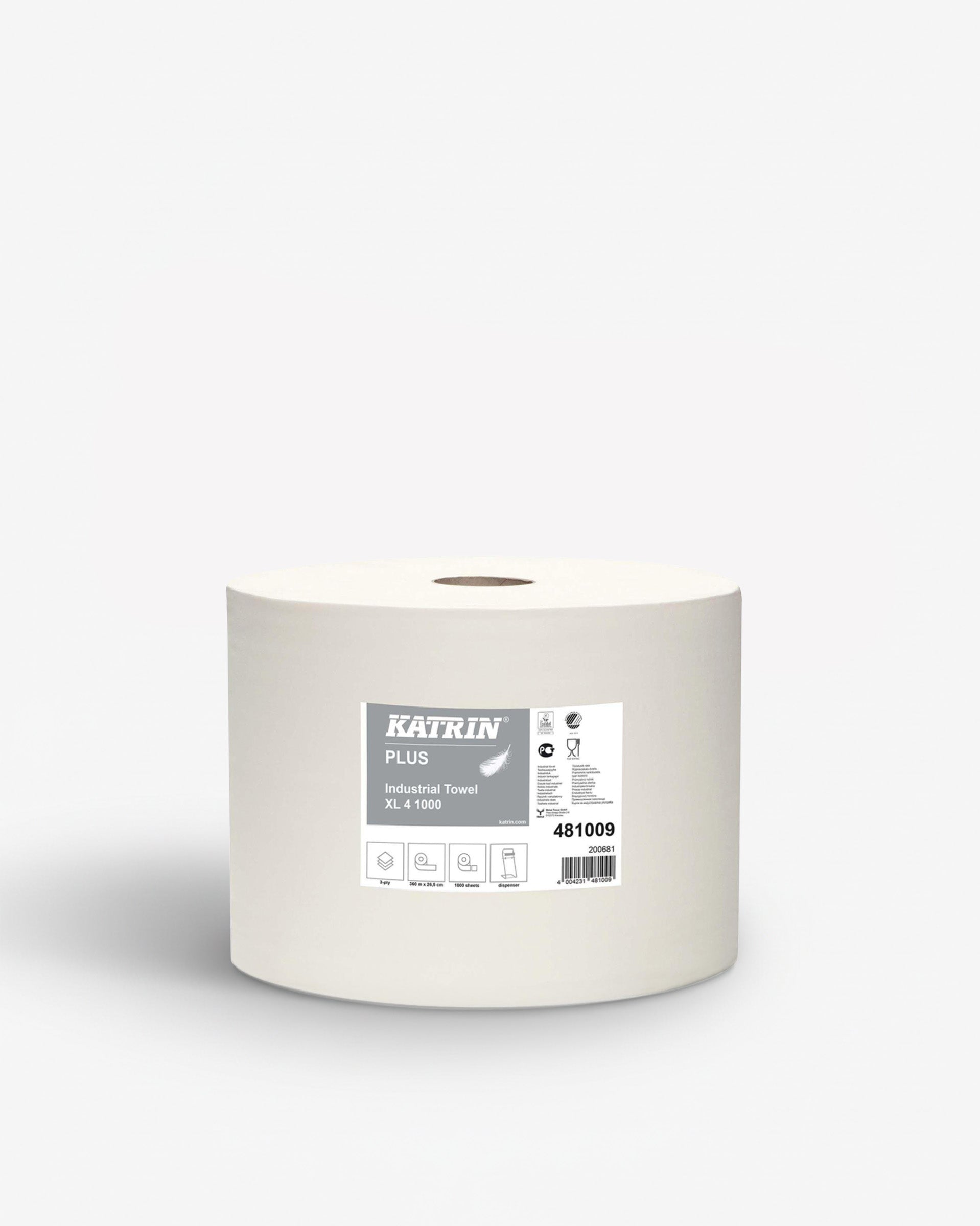 Aftørringsrulle Industri Katrin Plus 4-lag Ø36cm B26.5cmxL360m Nyfiber Hvid,360 m/rl