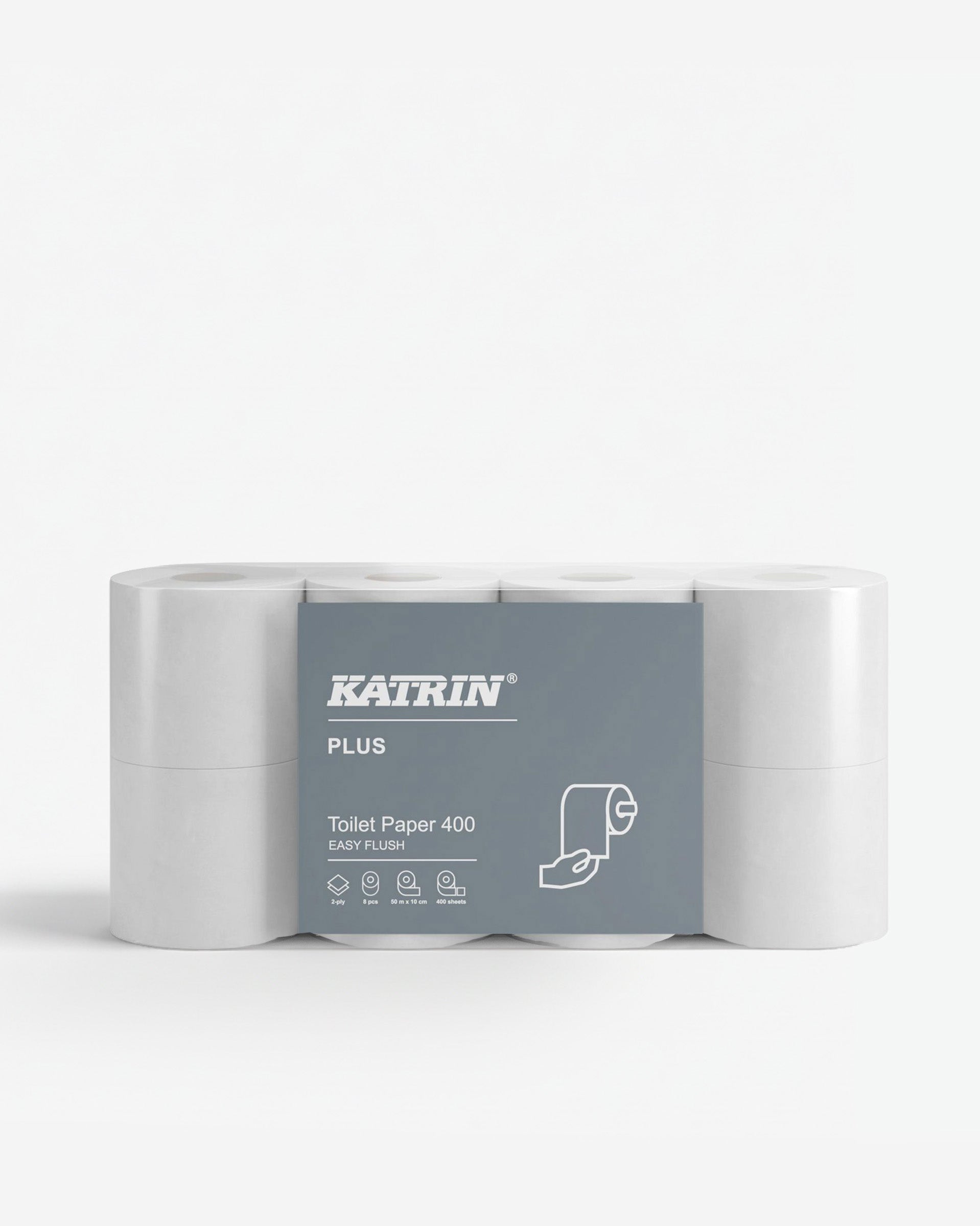 Toiletpapir Katrin Plus Easy Flush 2-lags Ø11.5cm L50mxB10cm Nyfiber Hvid,5 pk x 8 rl x 400 ark/sæk